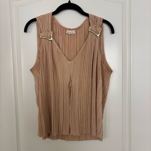 Elegant Tan Pleated Women's Blouse with Buckle Accents